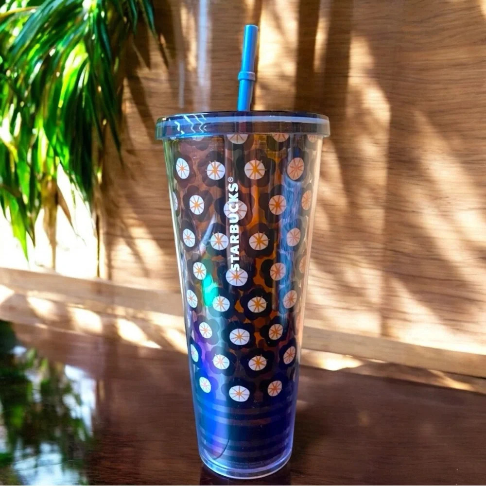 STARBUCKS 24oz Tumbler - Blue Stylized Flowers w/ Straw